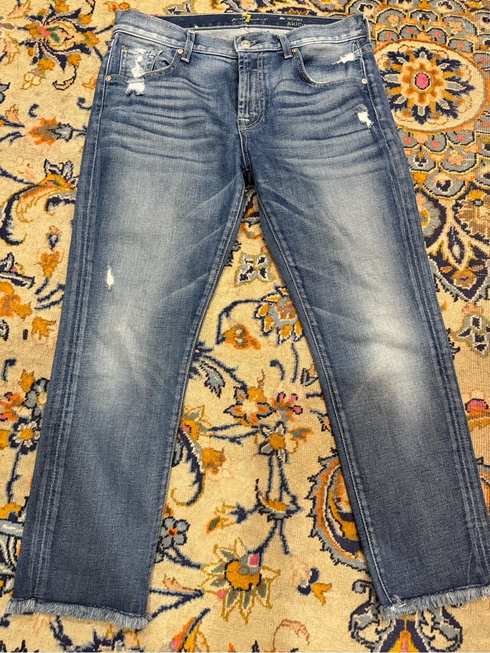 7 For All Mankind Distressed Cropped Ankle Jeans - Medium Blue Wash